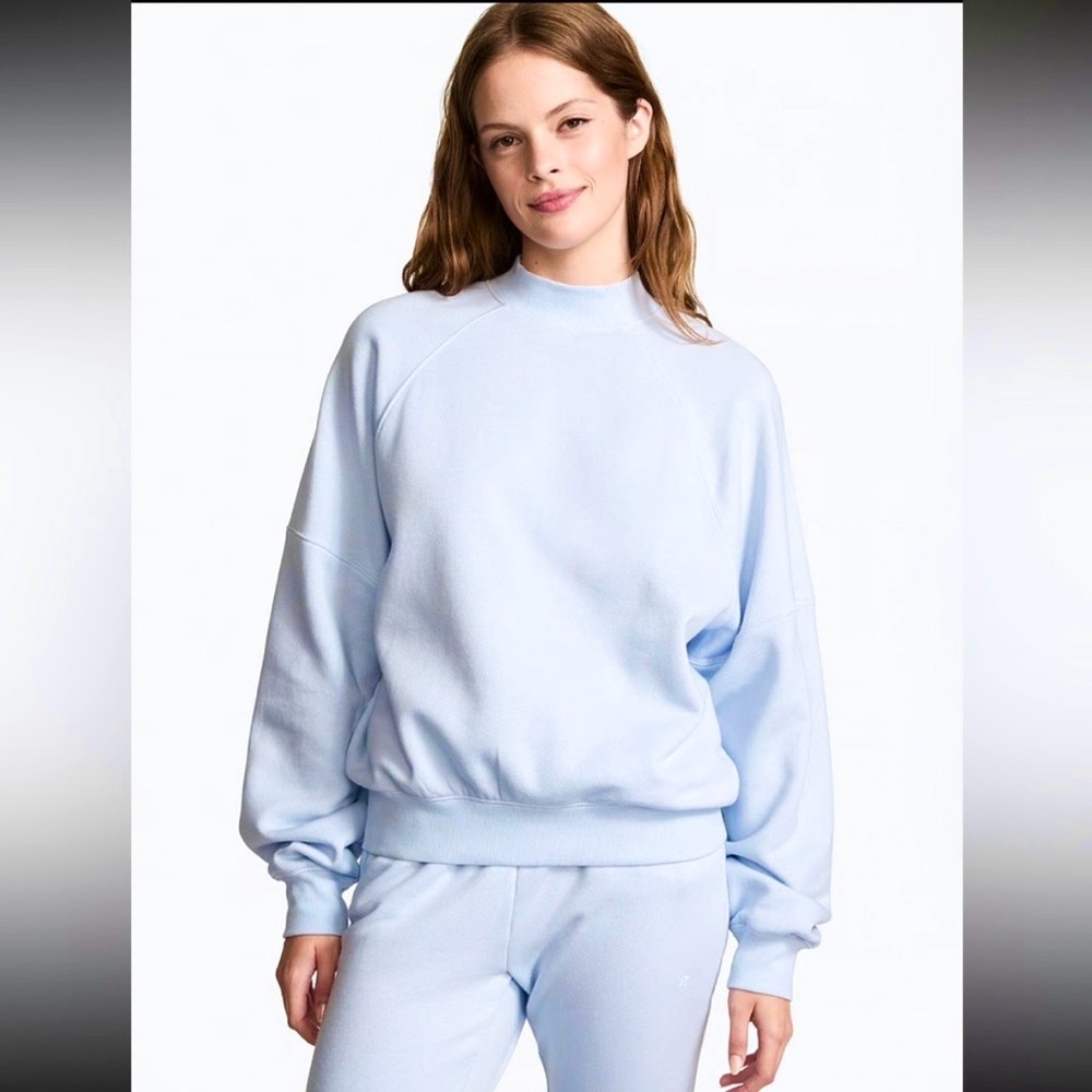 VICTORIAS SECRET PINK IVY CAMPUS FLEECE MOCK-NECK BABY BLUE SWEATSHIRT NEW! SzXL